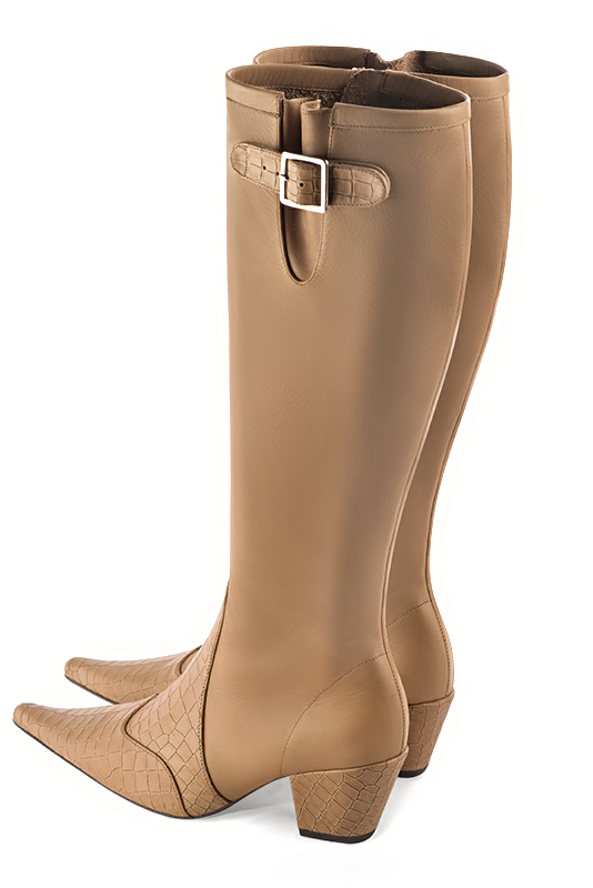 Camel beige women's knee-high boots with buckles. Pointed toe. Medium cone heels. Made to measure. Rear view - Florence KOOIJMAN